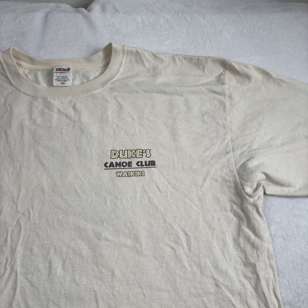 Y2K Anvil Dukes Canoe Clube Waikiki Beige SS Graphic Shirt Distressed Men's 2XL - Picture 3 of 8
